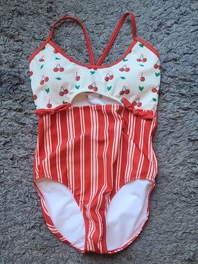 Sovereign Code Girls Cut Out Cherry & Stripe One Piece Swimsuit NWT  Size 10
